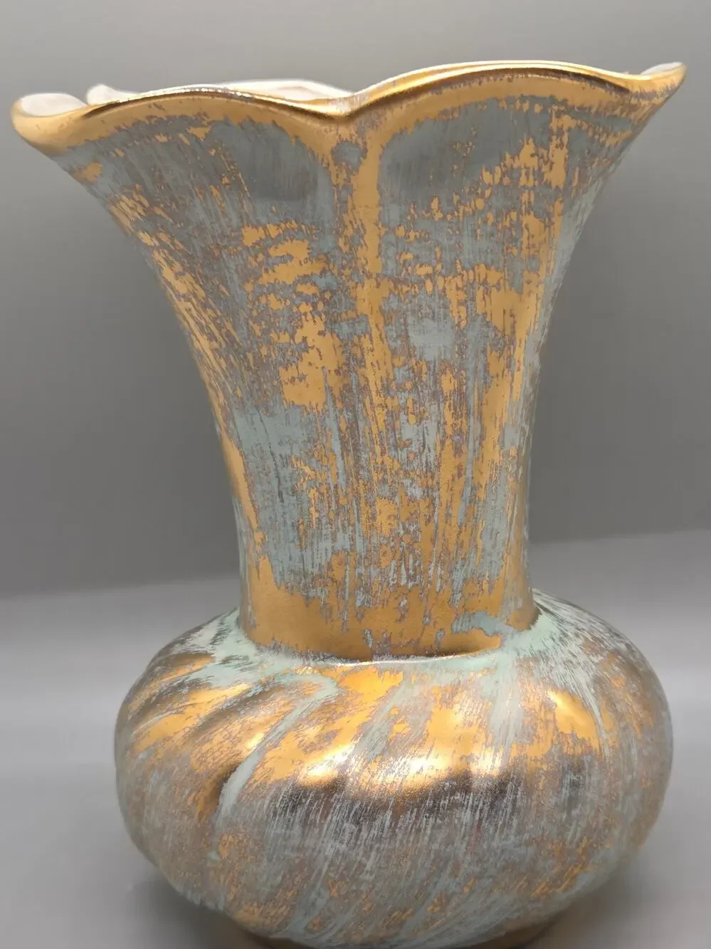 Vintage Stangl Pottery Vase Fluted Textured Aqua and brushed 22K gold overlay
